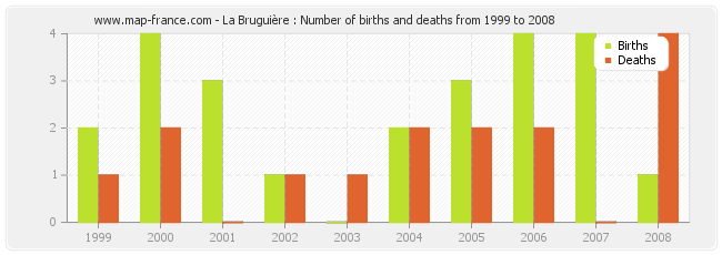La Bruguière : Number of births and deaths from 1999 to 2008